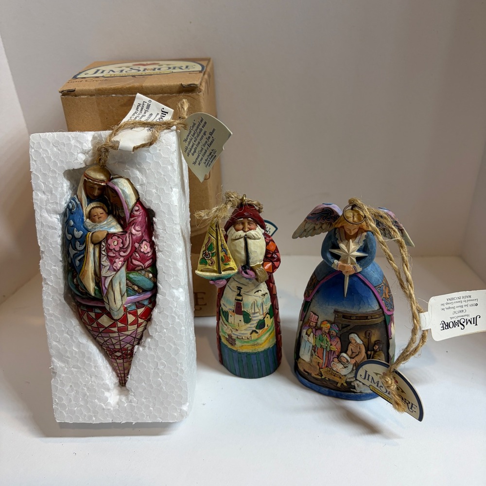 Jim Shore Heartwood Creek Christmas Ornament Set Nativity Santa Angel 3pc
